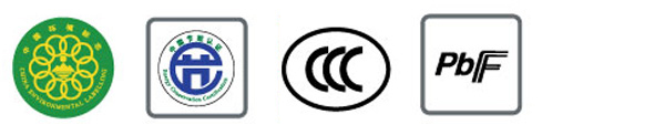 标志：中国环境标志、中国节能认证、CCC认证、PBF无铅产品认证